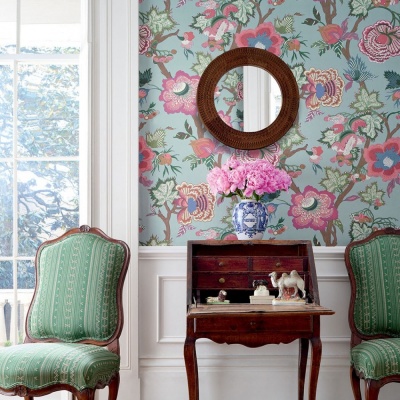 Thibaut Indienne Jacobean Wallpaper in Raspberry & Teal